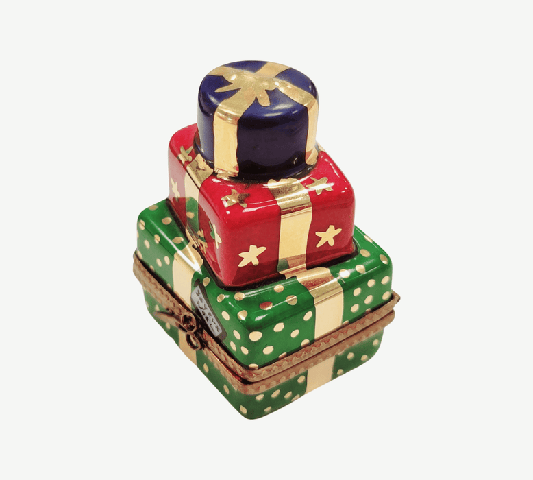 Christmas Presents Teddy Bear inside Stacked Gift Gold Bow Limoges Box Porcelain Figurine-xmas-CH1R225