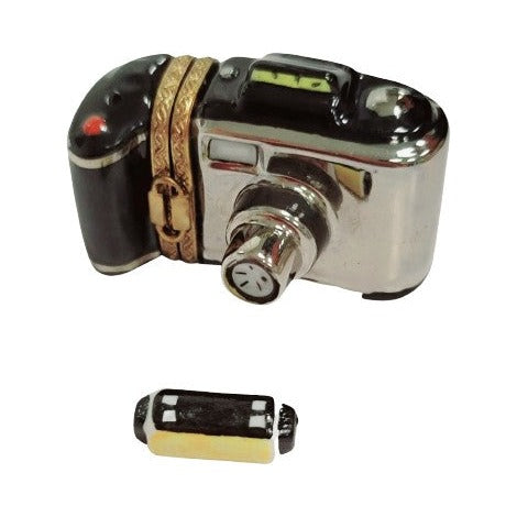 Limoges Boutique presents the 35mm Black Camera with Film, a genuine Limoges box painted by hand in France
