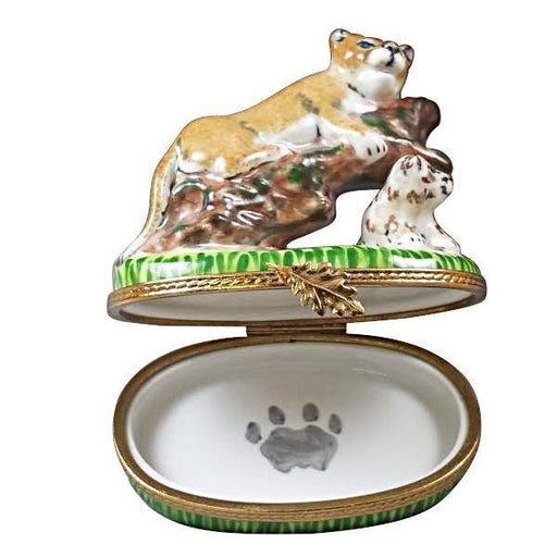 Cougar with Baby Limoges Box for Animal Lovers Porcelain Limoges wild animals French Trinket Box