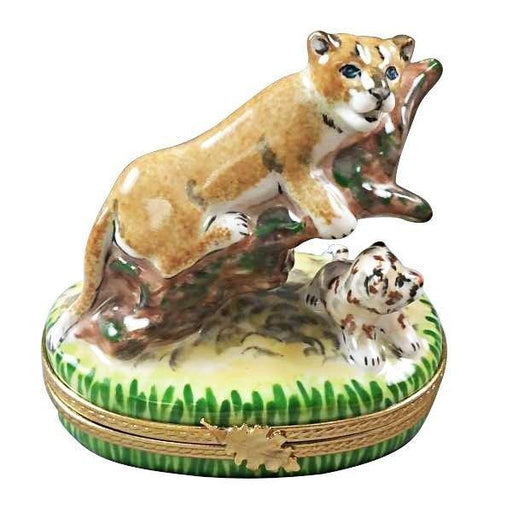 Cougar with Baby Limoges Box for Animal Lovers Porcelain Limoges wild animals French Trinket Box