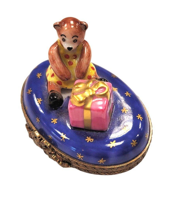 Cute Little Teddy Bear Girl Christmas w Present Gift Limoges Box Porcelain Figurine-teddy xmas-CH2P340