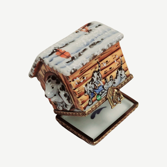 Dalmation Dog in Winter Dog House Limoges Box Porcelain Figurine-dog winter xmas-CH3S278