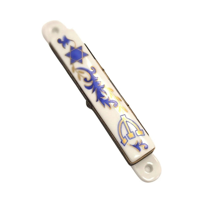 Collectible White Mezzuzah Limoges box with artisan brushwork