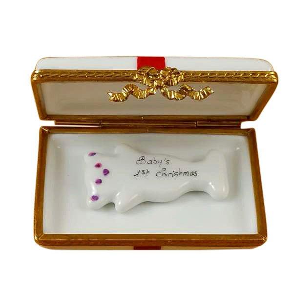 Gift with Red Bow for Baby's First Christmas Porcelain Limoges xmas theme French Trinket Box
