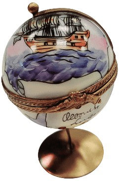 Globe with Ship Limoges Box for Travel Enthusiasts Porcelain Limoges travel world ship French Trinket Box
