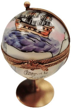 Globe with Ship Limoges Box for Travel Enthusiasts Porcelain Limoges travel world ship French Trinket Box