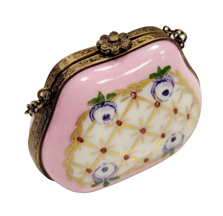 Gold Pink Purple Flower Purse for Elegant Gifting Porcelain Limoges purse trinket box limoges French Trinket Box