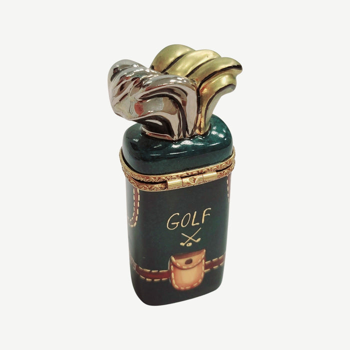 Golf Bag w Clubs Green Light Brown Sports Limoges Box Porcelain Figurine-sports golf limoges box-CH3S182