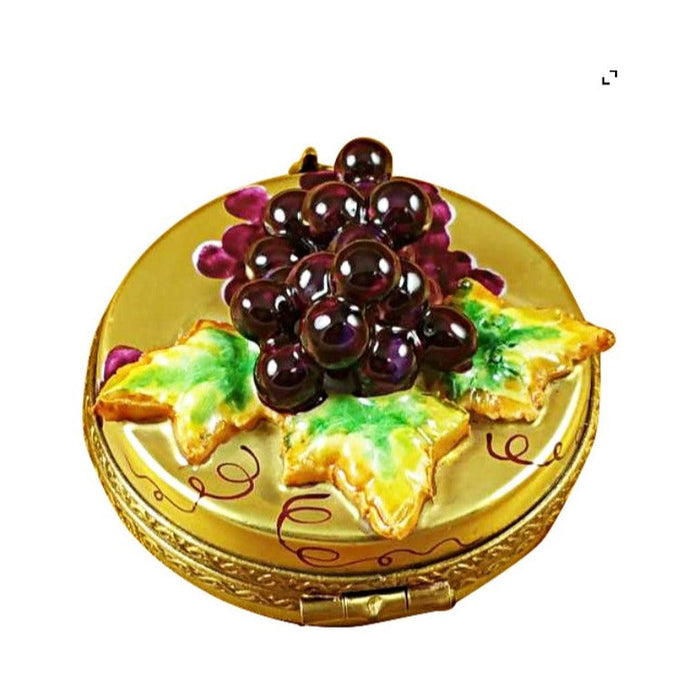Painted details on the Grapes on Gold Round Limoges box, French art in miniature