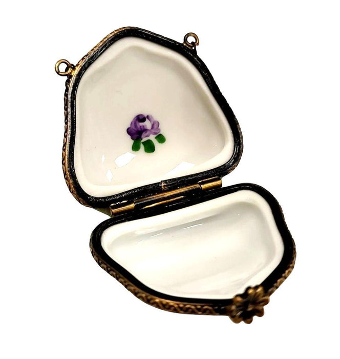 Green Purse Purple Flowers w Special Antiqued Brass - One of a Kind Hand Painted Limoges Box Porcelain Figurine-purse trinket box limoges-CHPU17