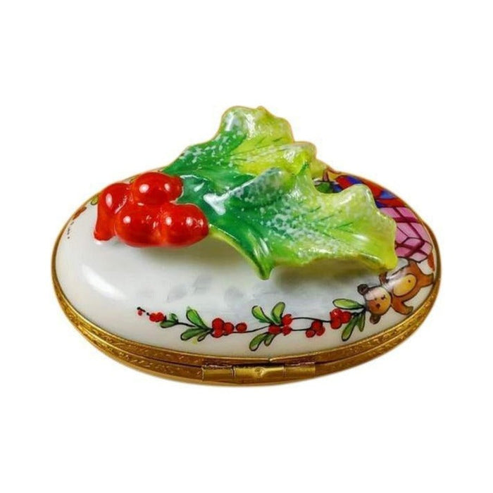 Hand-painted Holly Leaf on Oval Limoges box, French artistry for lovers of fine art
