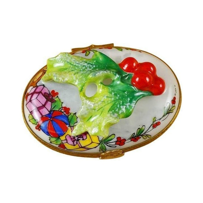 Holly Leaf on Oval Limoges box painted by hand in Limoges, France, a gift to treasure