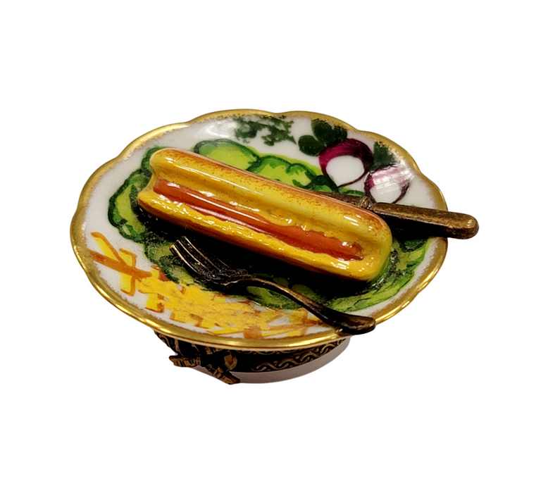 Hot Dog Fries on Plate Limoges Box Porcelain Figurine-food LIMOGES BOXES beach-CH1R127