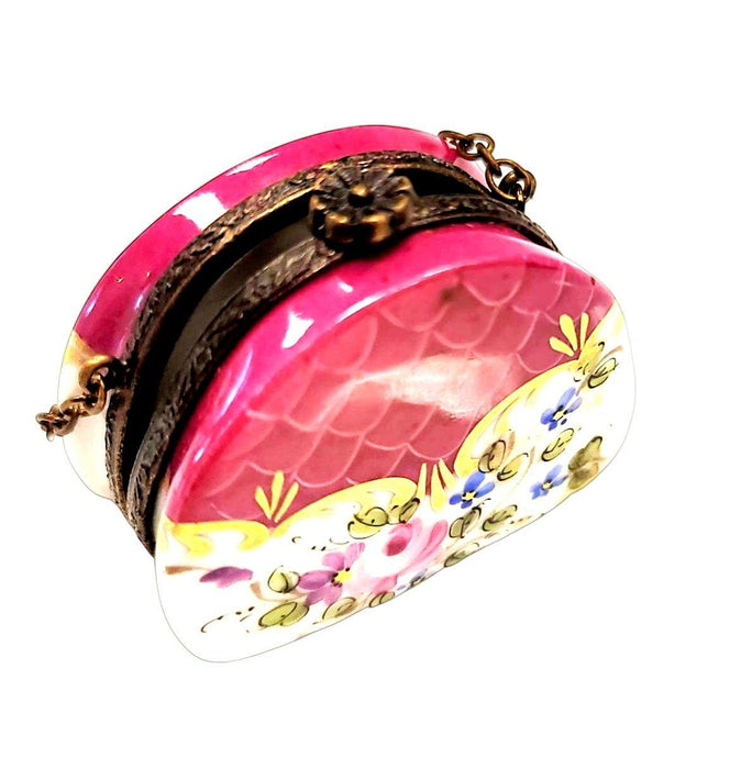 Hot Pink Purse w Flowers with Special Antiqued Brass - One of a Kind Hand Painted Limoges Box Porcelain Figurine-purse trinket box limoges-CHPU5