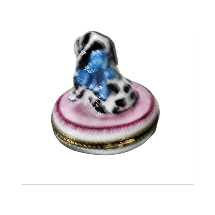 The painter's artistry shows on this Dalmatian Dog on Pink Limoges box