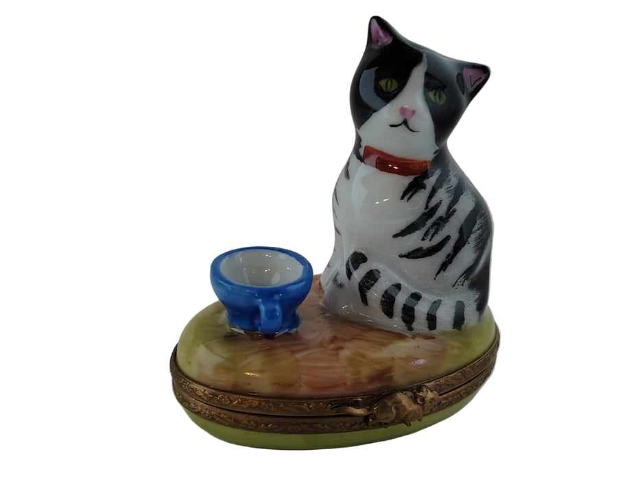 Cat w Blue Cup Limoges Box Figurine Authentic Limoges Box