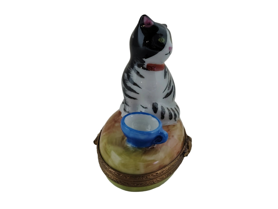 Cat w Blue Cup Limoges Box Figurine Authentic Limoges Box