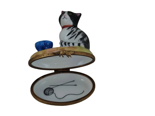 Cat w Blue Cup Limoges Box Figurine Authentic Limoges Box