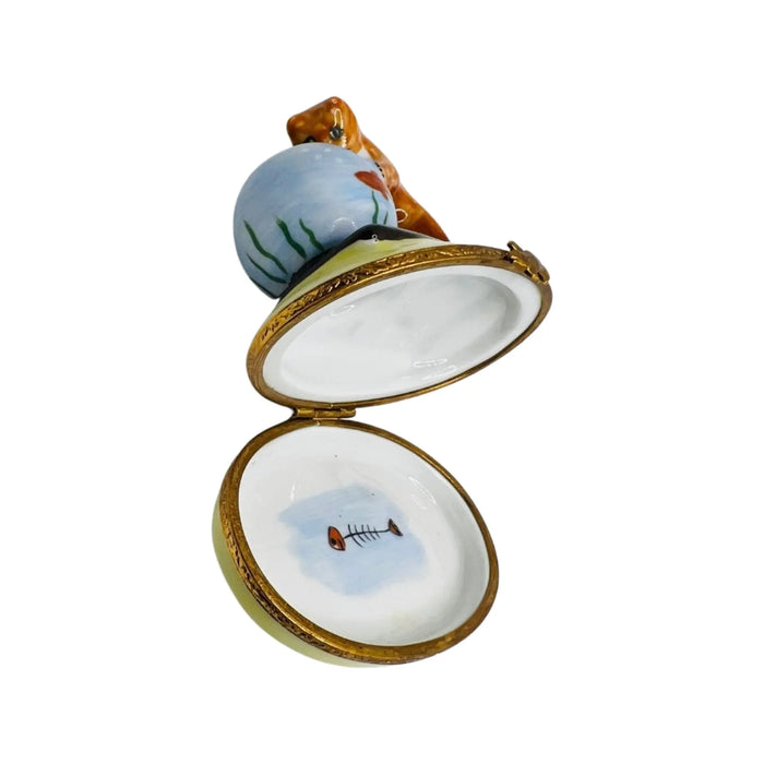 Kitten with Fish Bowl for Cat Lovers Porcelain Limoges Cat French Trinket Box