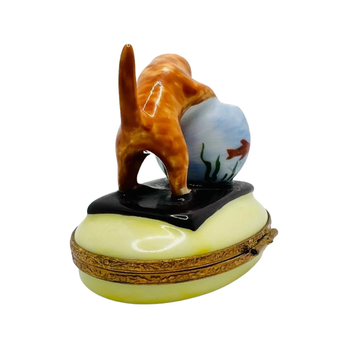 Kitten with Fish Bowl for Cat Lovers Porcelain Limoges Cat French Trinket Box