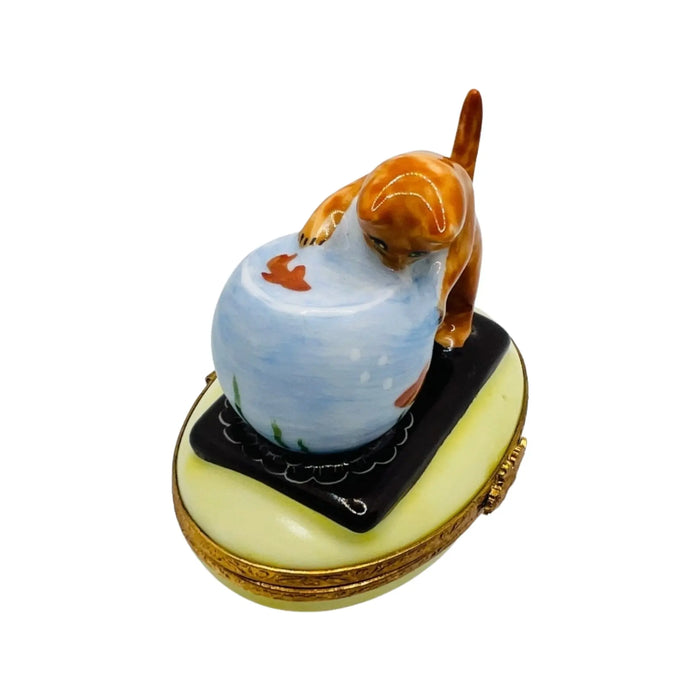 Kitten with Fish Bowl for Cat Lovers Porcelain Limoges Cat French Trinket Box