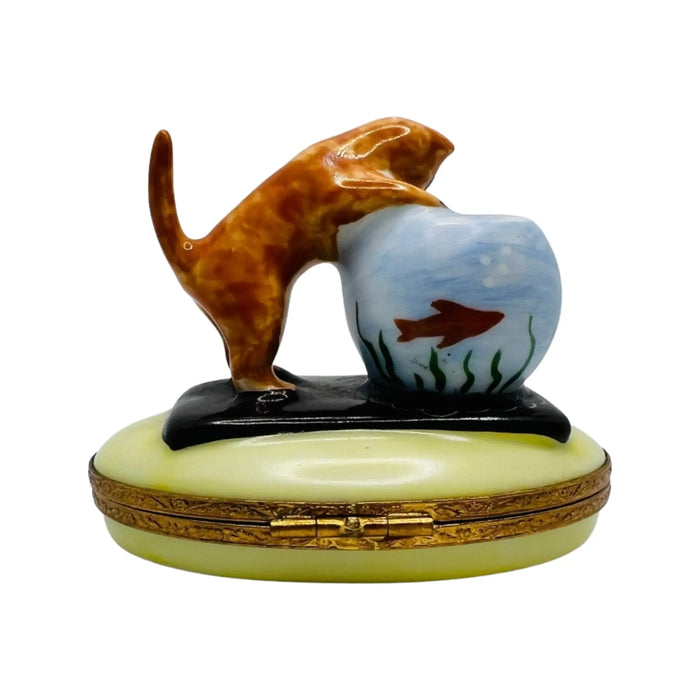 Kitten with Fish Bowl for Cat Lovers Porcelain Limoges Cat French Trinket Box