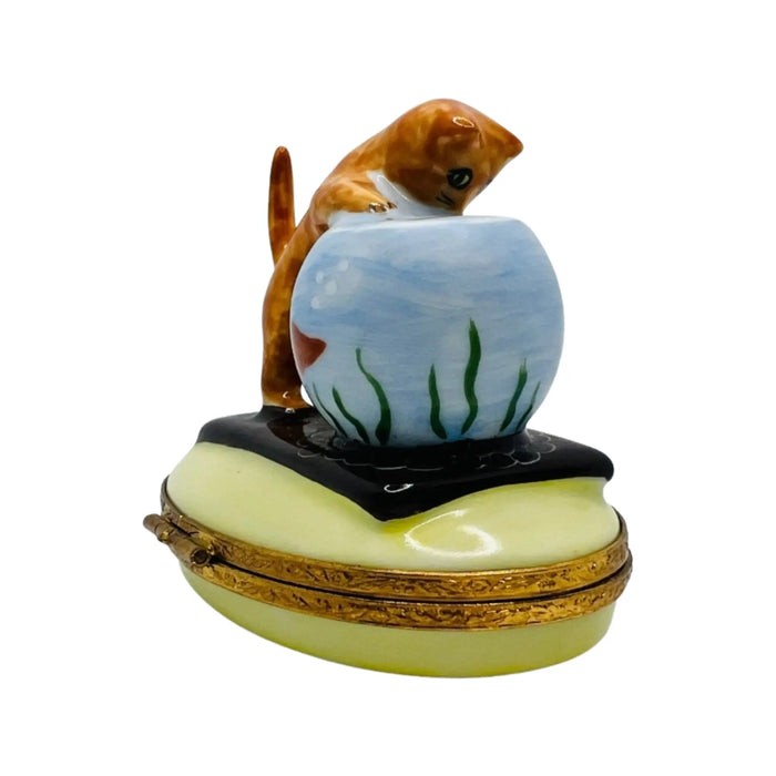 Kitten with Fish Bowl for Cat Lovers Porcelain Limoges Cat French Trinket Box