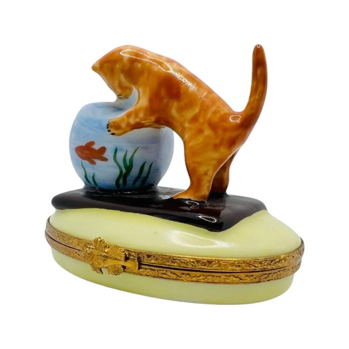 Kitten with Fish Bowl for Cat Lovers Porcelain Limoges Cat French Trinket Box