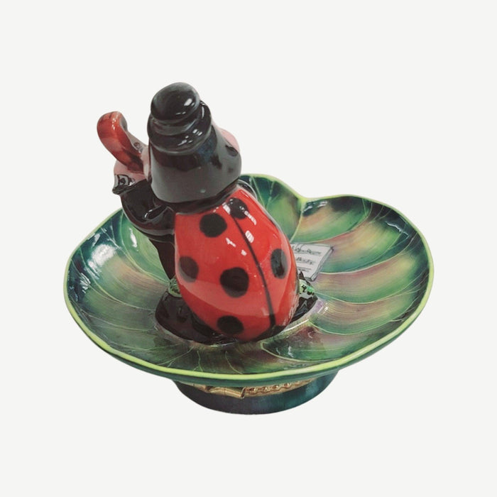 Lady Bug playing Instrument on Lillypad Limoges Box Porcelain Figurine-frog LIMOGES BOXES bugs critters-CH5T101