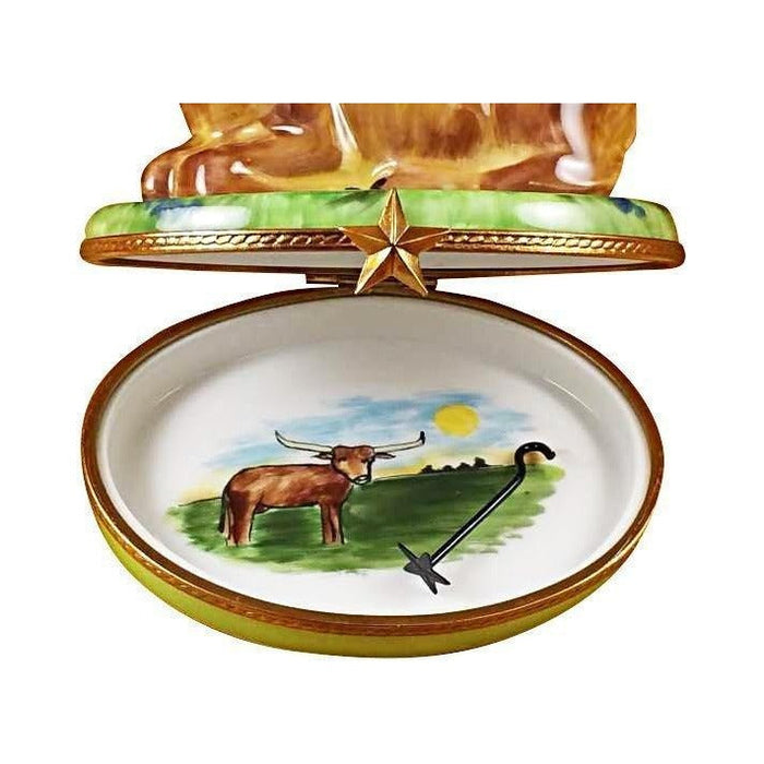 The painter's artistry shows on this Lazy Longhorn Bull with Star Branding Iron Limoges box