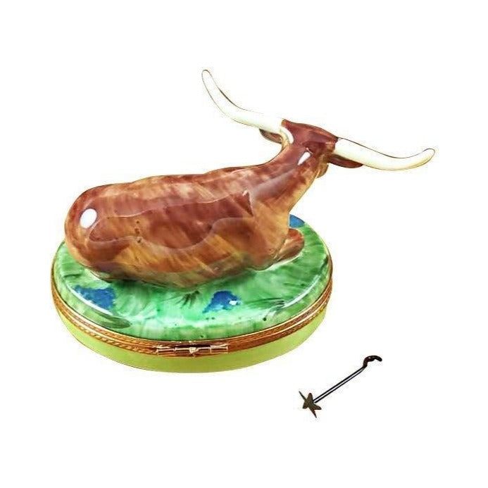 Treasured French collectible: Lazy Longhorn Bull with Star Branding Iron Limoges box, painted by hand