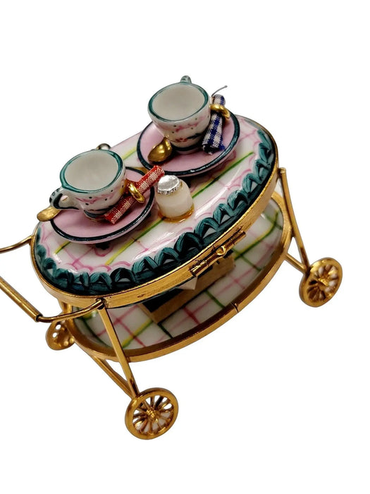 Light Blue Tea Cart Figurine for Elegant Collectors Porcelain Limoges Home China Xmas Theme French Trinket Box