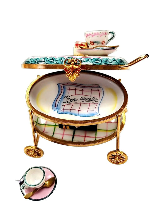 Light Blue Tea Cart Figurine for Elegant Collectors Porcelain Limoges Home China Xmas Theme French Trinket Box