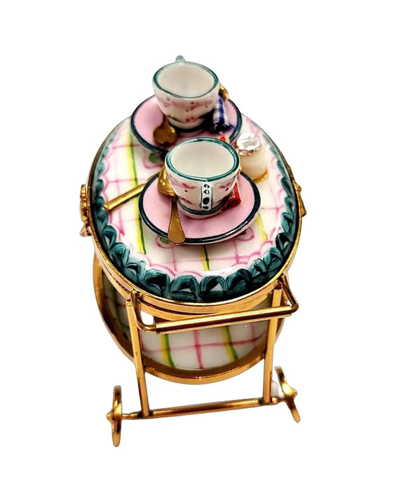 Light Blue Tea Cart Figurine for Elegant Collectors Porcelain Limoges Home China Xmas Theme French Trinket Box