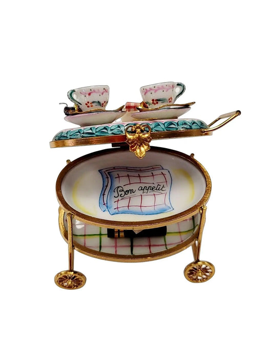 Light Blue Tea Cart Figurine for Elegant Collectors Porcelain Limoges Home China Xmas Theme French Trinket Box