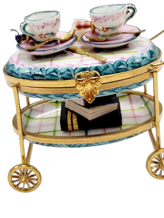 Light Blue Tea Cart Figurine for Elegant Collectors Porcelain Limoges Home China Xmas Theme French Trinket Box