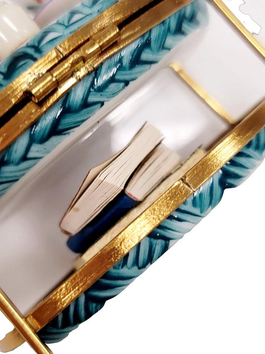 Light Blue Tea Cart Figurine for Elegant Collectors Porcelain Limoges Home China Xmas Theme French Trinket Box