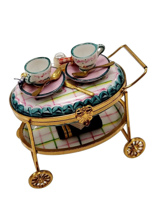 Light Blue Tea Cart Figurine for Elegant Collectors Porcelain Limoges Home China Xmas Theme French Trinket Box