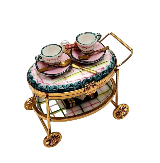 Light Blue Tea Cart Figurine for Elegant Collectors Porcelain Limoges Home China Xmas Theme French Trinket Box