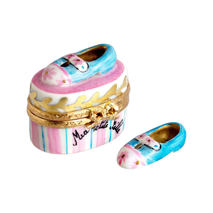 Baby Blue Mary Jane Shoes for New Parents Porcelain Limoges Shoes French Trinket Box
