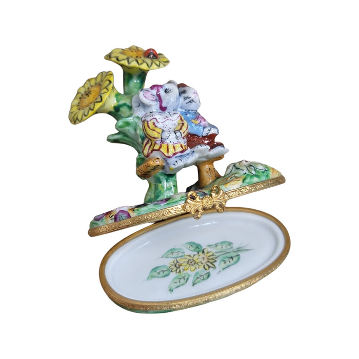 Mice Kissing Under Sunflowers for Romantic Collectors Porcelain Limoges flower mice rabbit love French Trinket Box