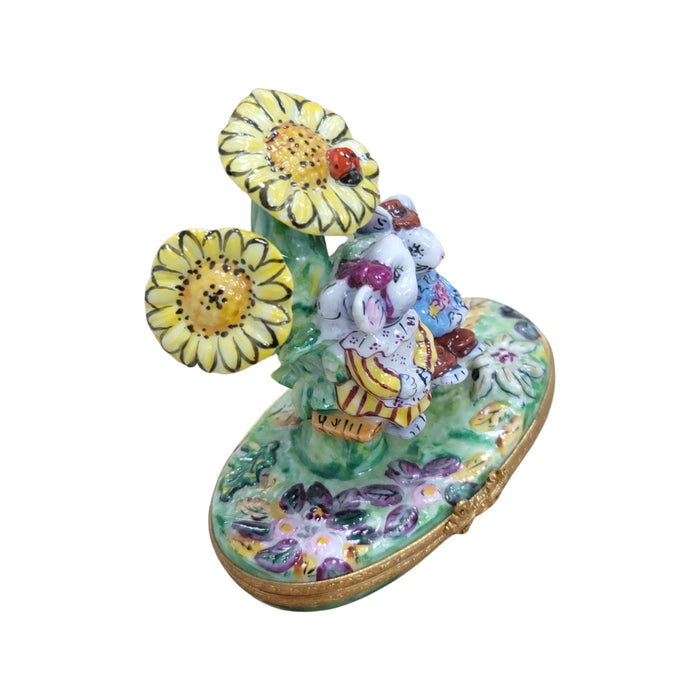 Mice Kissing Under Sunflowers for Romantic Collectors Porcelain Limoges flower mice rabbit love French Trinket Box