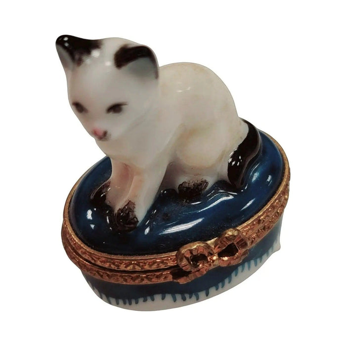Treasured French collectible: Mini White Siamese Cat Limoges box, painted by hand