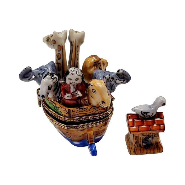Noah with his animals and the dove cabin lifted off, showing how the ark Limoges box opens