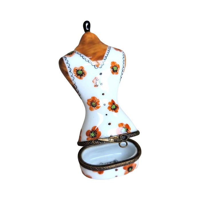 Every brushstroke by hand on the Orange Mannequin Clothing Dress Form Limoges box from France