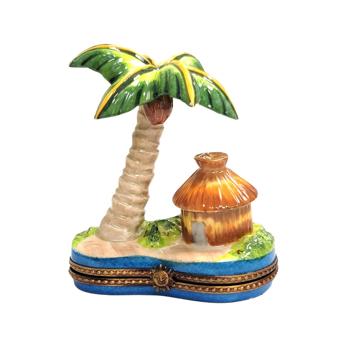 Palm Tree w Hut Limoges Box Porcelain Figurine-home LIMOGES BOXES beach ocean travel-CH9J201