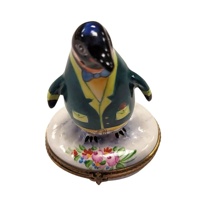 Collectible Penguin with Flowers Tuxedo Limoges box with artisan brushwork