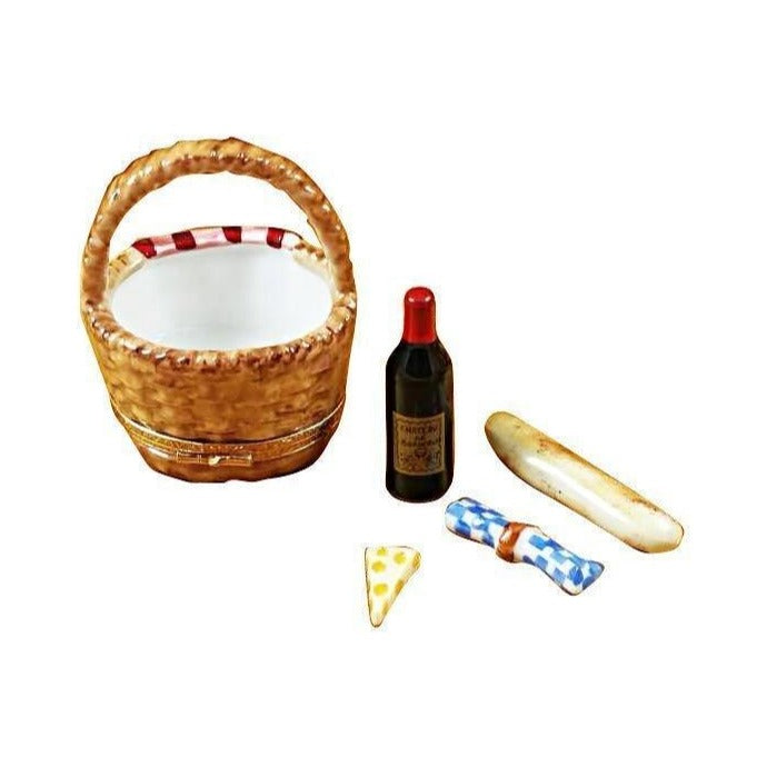 Fine French craftsmanship on the Picnic Basket with Wine, Bread, Cheese & Napkin Limoges box, painted by hand