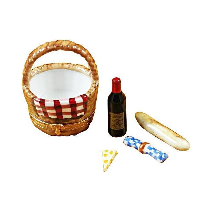 Genuine Rochard Picnic Basket with Wine, Bread, Cheese & Napkin Limoges box painted by hand in France, from Limoges Boutique