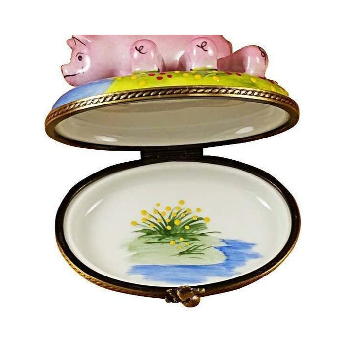 Collectible Pig with Three Babies Limoges box with artisan brushwork